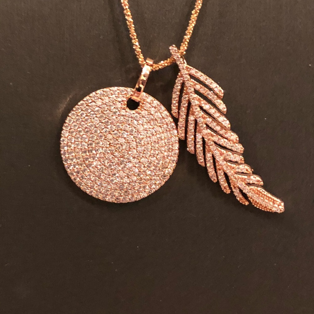 Pave cz round pendant and feather in rose gold,
